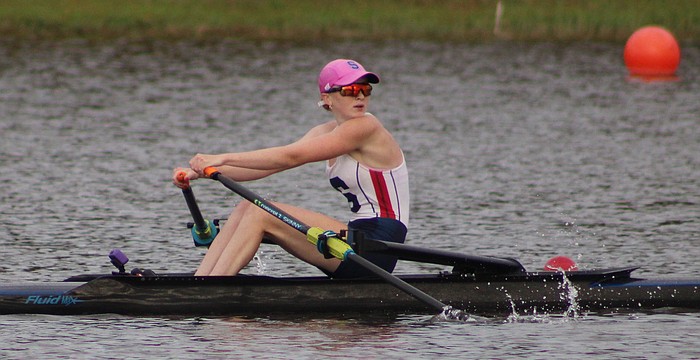 Sarasota Crew's Gabrielle DeLeo heads to the finish of the Women's Youth 1x Thursday at the USRowing Youth National Championships at Nathan Benderson Park. She qualified for Friday's semifinal by placing eighth in 7:54.36.