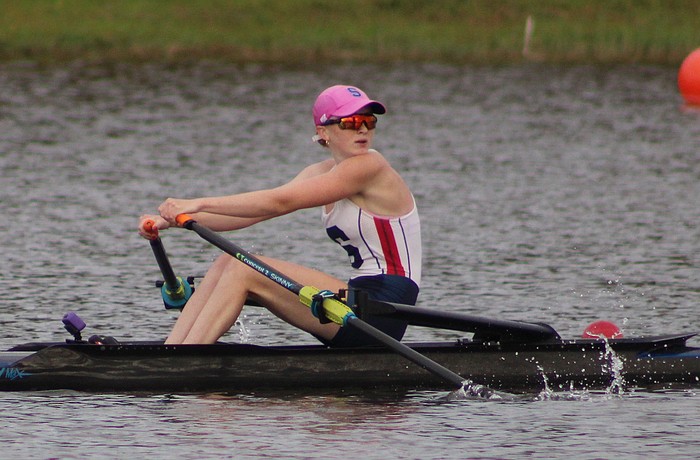 Sarasota Crew's Gabrielle DeLeo heads to the finish of the Women's Youth 1x Thursday at the USRowing Youth National Championships at Nathan Benderson Park. She qualified for Friday's semifinal by placing eighth in 7:54.36.