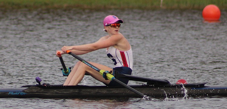 Sarasota Crew's Gabrielle DeLeo heads to the finish of the Women's Youth 1x Thursday at the USRowing Youth National Championships at Nathan Benderson Park. She qualified for Friday's semifinal by placing eighth in 7:54.36.