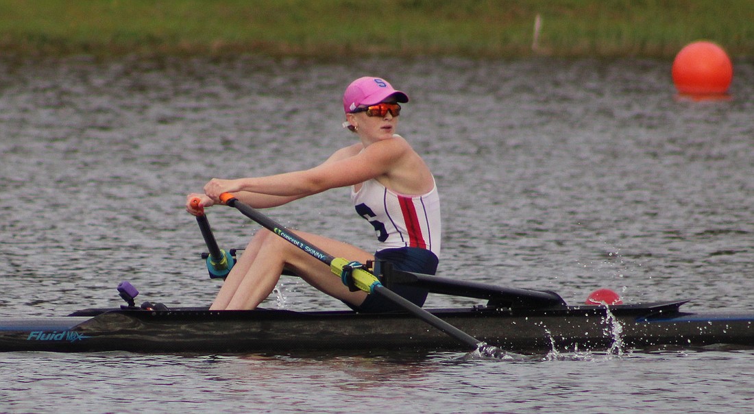 Sarasota Crew's Gabrielle DeLeo heads to the finish of the Women's Youth 1x Thursday at the USRowing Youth National Championships at Nathan Benderson Park. She qualified for Friday's semifinal by placing eighth in 7:54.36.