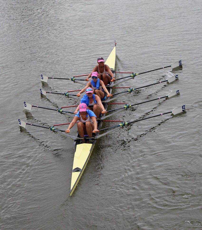 The Sarasota Women's Youth 4x team heads back to shore after finishing 13th (6:56.76) in the time trials Thursday to qualify for the semifinals Friday at 10:51 a.m. They are (top to bottom) Audrey Reuter, Adrianna Cavallo, Annalise Naylor, and Karley Hendricks.