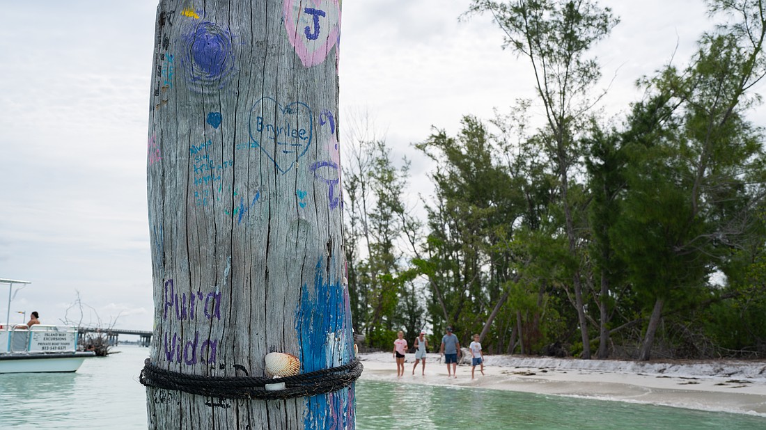 A piece of driftwood that juts from the shallow water off Beer Can Island is decorated with paint.