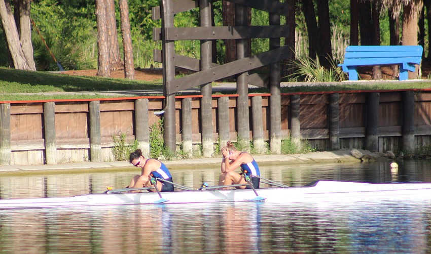 Cambridge Boat Club's Catherine Cole and Emma Kirk are overwhelmed after their triumph in the USRowing Junior National Championships Women's Youth 2x race at Nathan Benderson Park on Sunday.
