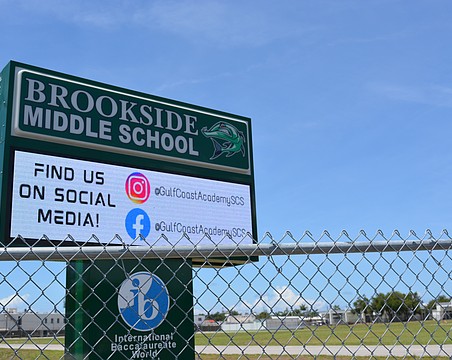 Brookside Middle School sign with updated social media handles to @GulfCoastAcademySCS.