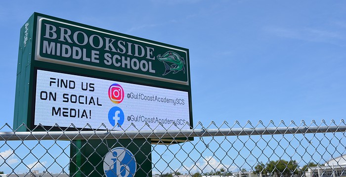 Brookside Middle School sign with updated social media handles to @GulfCoastAcademySCS.