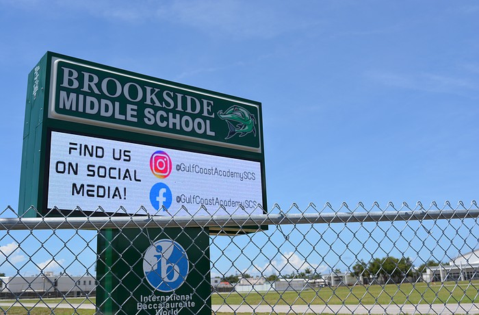 Brookside Middle School sign with updated social media handles to @GulfCoastAcademySCS.