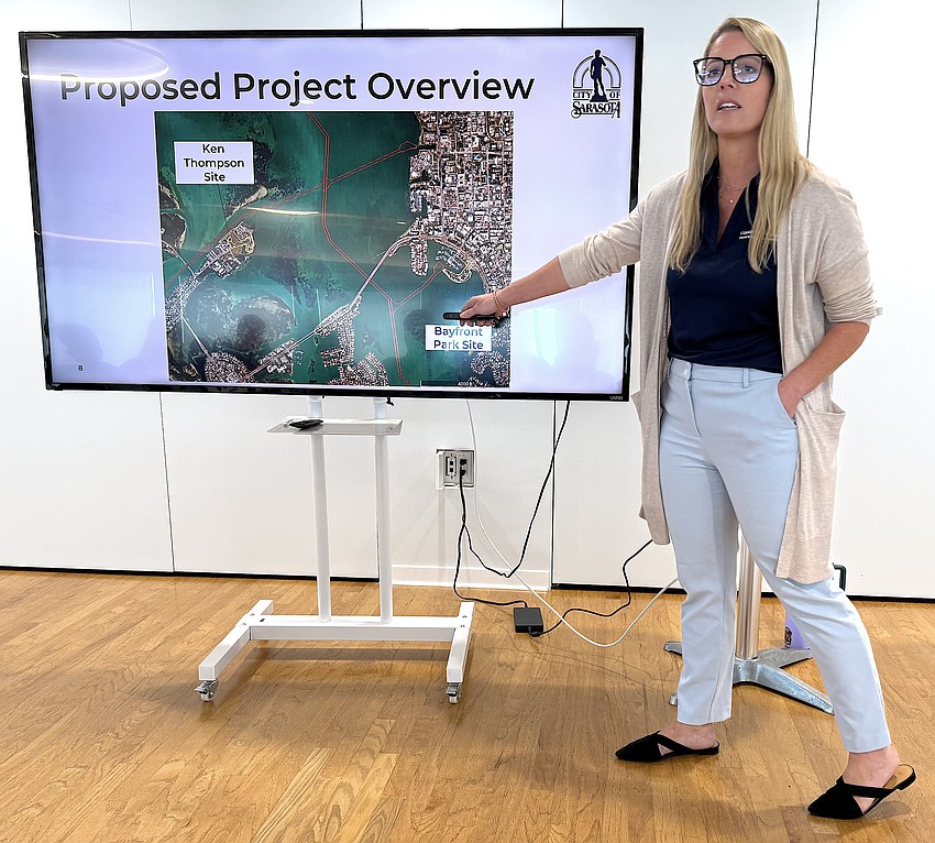 Jenna Phillips of Cummins and Cederberg discusses proposed locations of docks for a future water taxi service across Sarasota Bay. Jenna Phillips of Cummins and Cederberg discusses proposed locations of docks for a future water taxi service across Sarasota Bay.