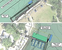 (Top) the proposed water taxi dock location and design at Ken Thompson and (bottom) at Bayfront Park next to O'Leary's Tiki Bar, which would also be the overnight parking location for the vessels.