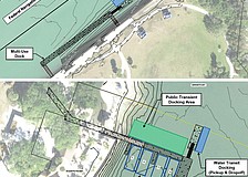 (Top) the proposed water taxi dock location and design at Ken Thompson and (bottom) at Bayfront Park next to O'Leary's Tiki Bar, which would also be the overnight parking location for the vessels.