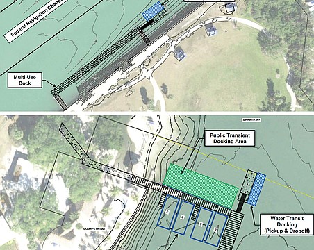 (Top) the proposed water taxi dock location and design at Ken Thompson and (bottom) at Bayfront Park next to O'Leary's Tiki Bar, which would also be the overnight parking location for the vessels.
