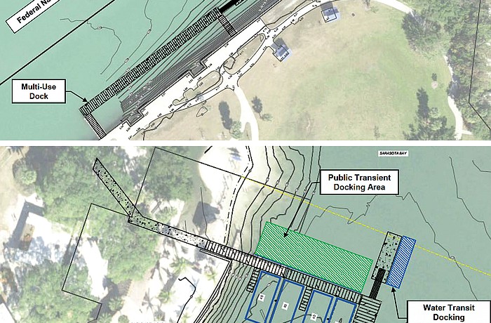 (Top) the proposed water taxi dock location and design at Ken Thompson and (bottom) at Bayfront Park next to O'Leary's Tiki Bar, which would also be the overnight parking location for the vessels.