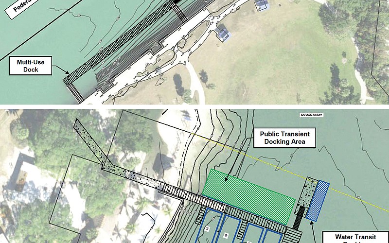(Top) the proposed water taxi dock location and design at Ken Thompson and (bottom) at Bayfront Park next to O'Leary's Tiki Bar, which would also be the overnight parking location for the vessels.