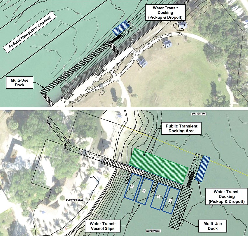 (Top) the proposed water taxi dock location and design at Ken Thompson and (bottom) at Bayfront Park next to O'Leary's Tiki Bar, which would also be the overnight parking location for the vessels.