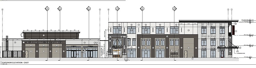 Designs for the commercial development show a three-level building across two buildings, with a liquor store, cigar bar and a restaurant with outdoor seating. Designs for the commercial development show a three-level building across two buildings, with a liquor store, cigar bar and a restaurant with outdoor seating.