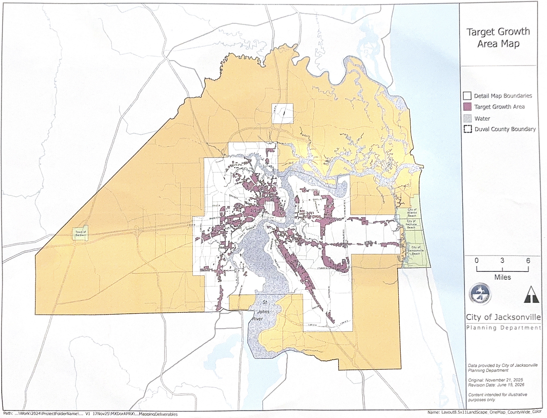 A map connected to Jacksonville City Council Ordinance 2026-0311 shows "target growth areas" in purple. With a vote by the full Council, the ordinance would alter the city’s land development regulations by creating nonfinancial incentives for developers to build in those areas.