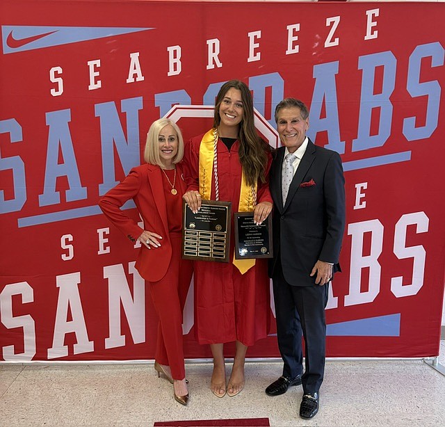 Leena Harman (center) with Susan and Carl Persis, both of whom are Seabreeze alumni. Courtesy photo