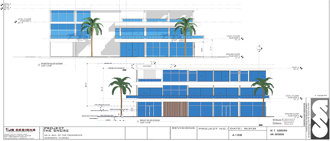 The architectural rendering shows the first two floors would be occupied by commercial space, with residential on the third story.