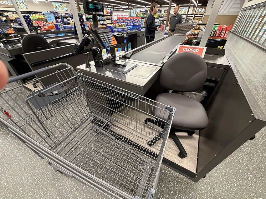 One of five checkout lanes at Aldi Downtown was ready for business. One of five checkout lanes at Aldi Downtown was ready for business.