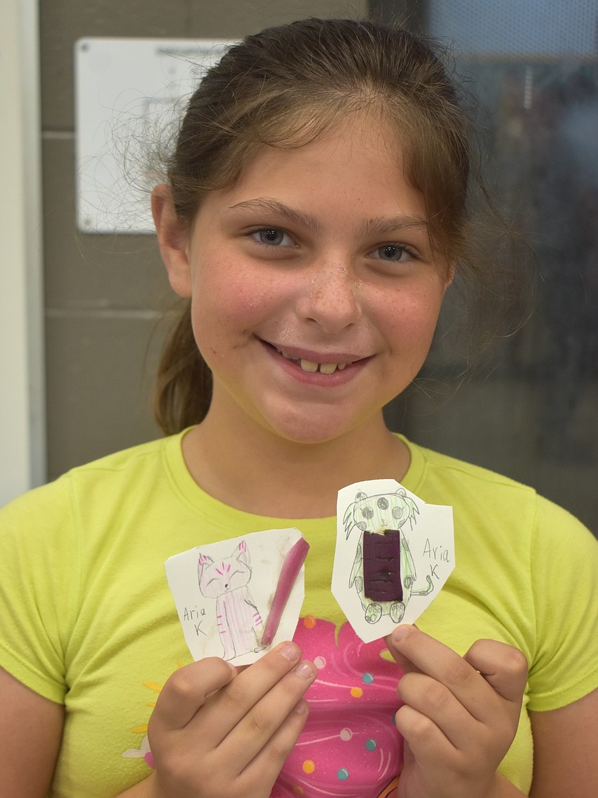 Aria Khayat, a rising fourth grader at Braden River Elementary School, created a pink fox and a green cat using leaves. She says she wants to be a rocket scientist when she grows up.