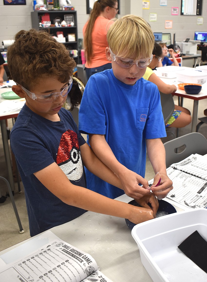 Dylan Wallace, a rising fourth grader at Freedom Elementary School, and Austin Grewe, a rising sixth grader at Dr. Mona Jain Middle School, wash their oil-covered feathers with Dawn dish soap and water.