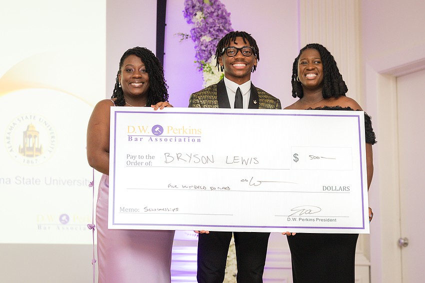 From left: D.W. Perkins Bar Association Immediate Past President Kimberley Leonard, scholarship recipient Bryson Lewis, 2026-27 DWP President Vivian Williams and DWP 2025-26 President Naphtalie Azor.