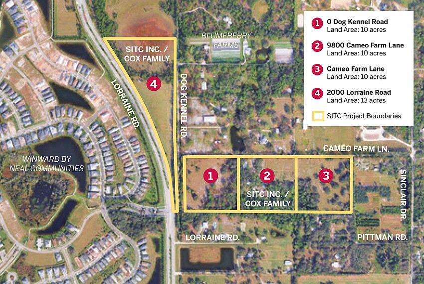 The area outlined in red are the 43 acres SITC Inc. wants to develop for affordable, workforce housing. To the left of SITC’s property is Neal Communities’ 900-home development. The area outlined in red are the 43 acres SITC Inc. wants to develop for affordable, workforce housing. To the left of SITC’s property is Neal Communities’ 900-home development.