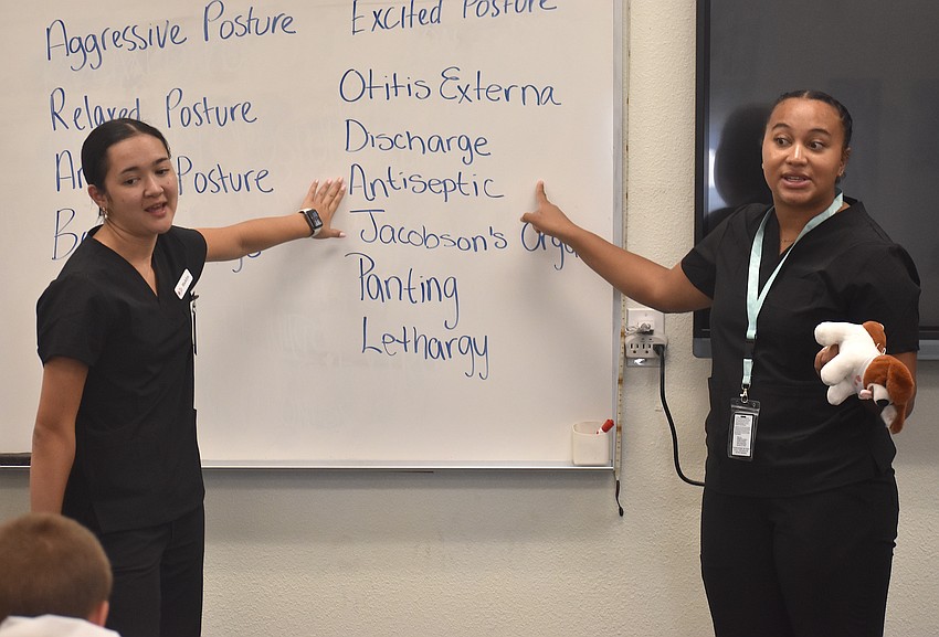 Little Medical School Suncoast's Madelyn Bland and Katarina McCall point at the term 