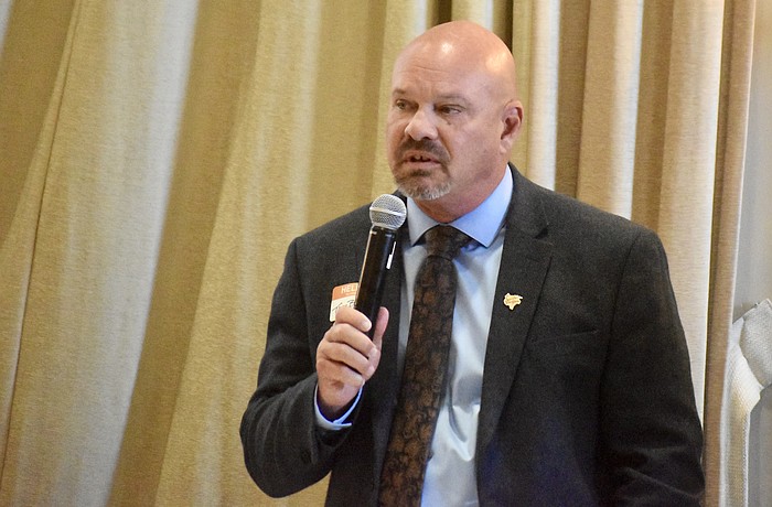 Tony Barrett speaks at a candidate forum in April at the Lakewood Ranch Country Club.