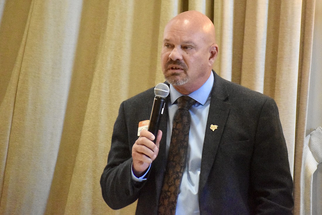 Tony Barrett speaks at a candidate forum in April at the Lakewood Ranch Country Club.