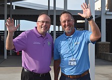 Kevin Chapman, the associate superintendent of administration and Todd Richardson, principal of Lake Manatee K-8, welcomed students to the new school for the first time in August 2025.