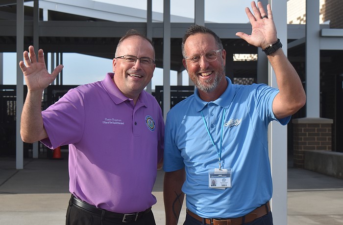 Kevin Chapman, the associate superintendent of administration and Todd Richardson, principal of Lake Manatee K-8, welcomed students to the new school for the first time in August 2025.