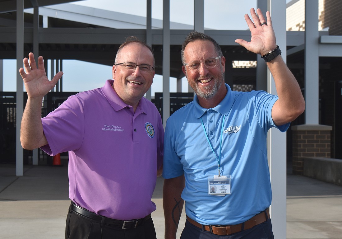 Kevin Chapman, the associate superintendent of administration and Todd Richardson, principal of Lake Manatee K-8, welcomed students to the new school for the first time in August 2025.