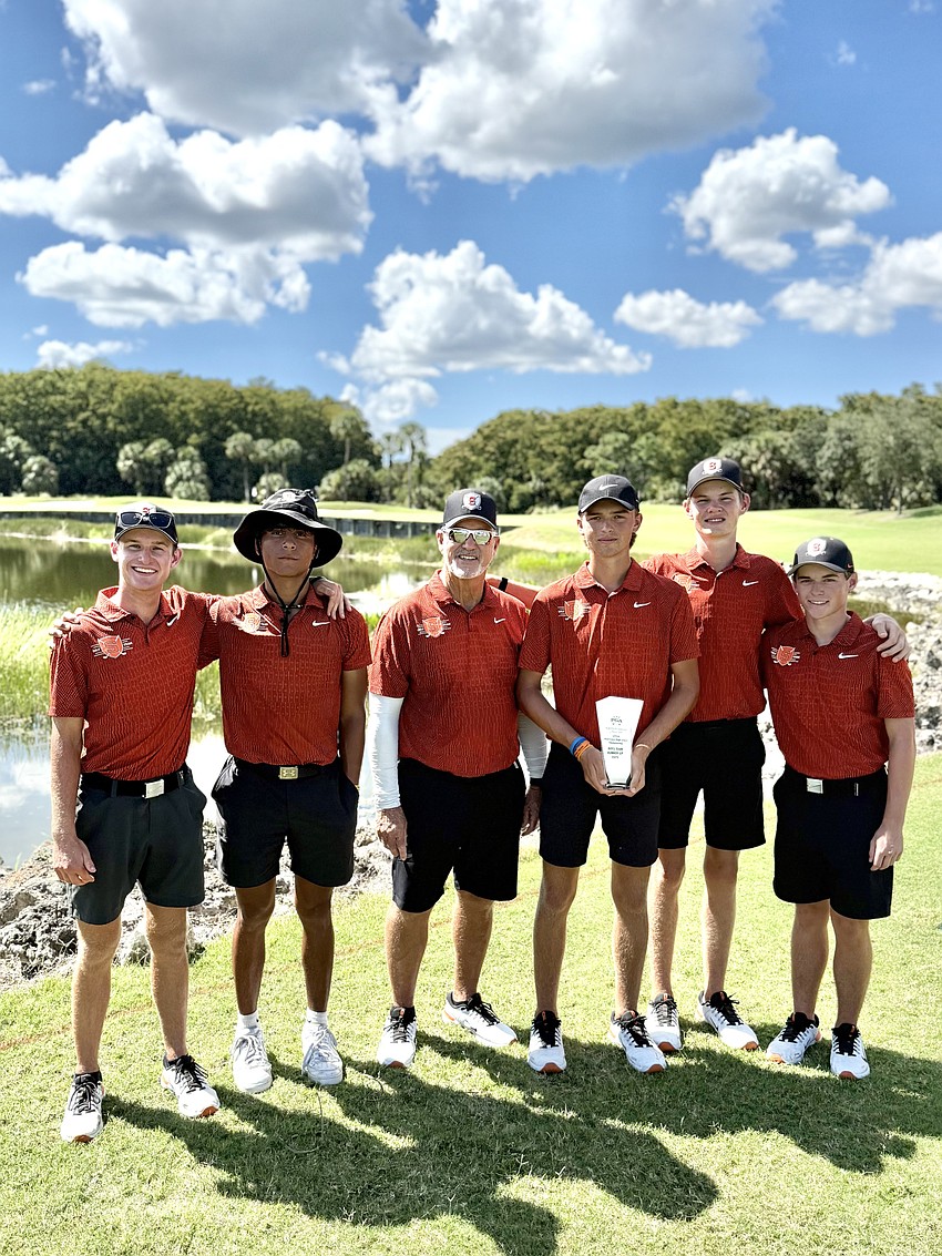 Barry Cheesman (third from left) guided Sarasota High boys golf to a sixth-place tie at the 2025 FHSAA Class 3A state championship. Then-senior Jake MacDonald was the Sailors' top individual finisher in T-19th place.