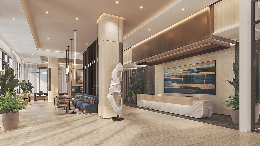 A rendering of the lobby area and front desk of the Hyatt Centric hotel at 1000 Boulevard of the Arts.