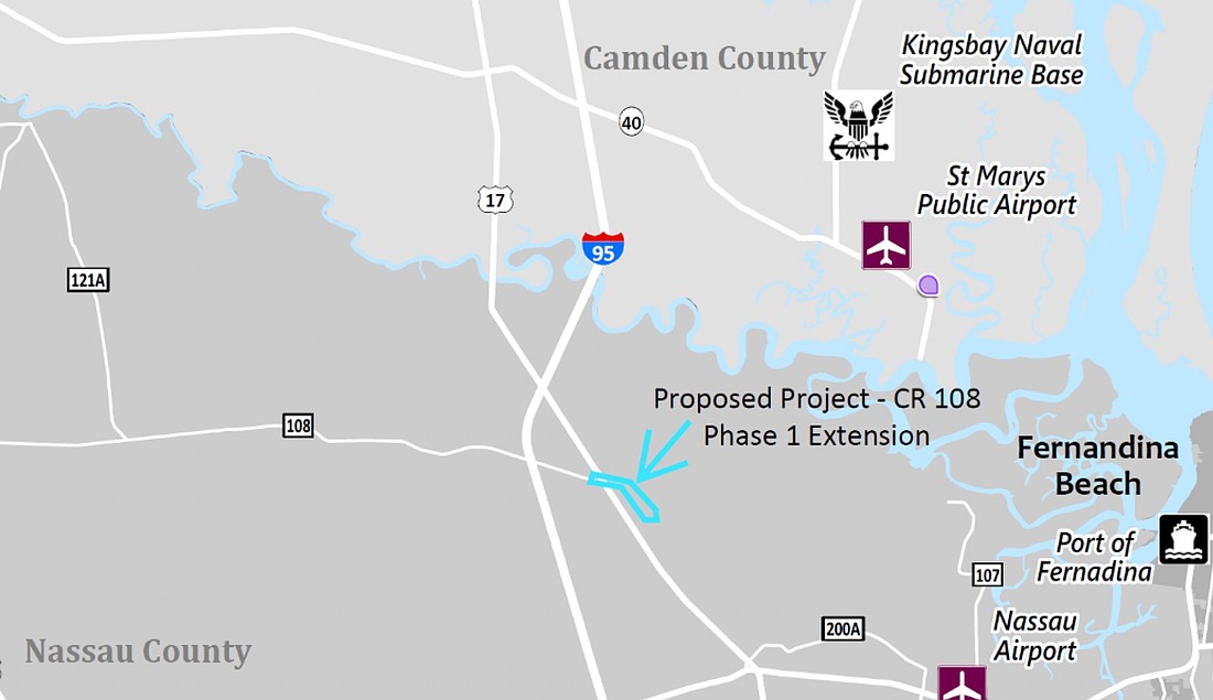 County Road 108 in Yulee would be extended nearly a mile under a project Nassau County hopes to fund with an $11.68 million federal grant. The new route would give Kings Bay commuters an alternative to congested State Road 200.