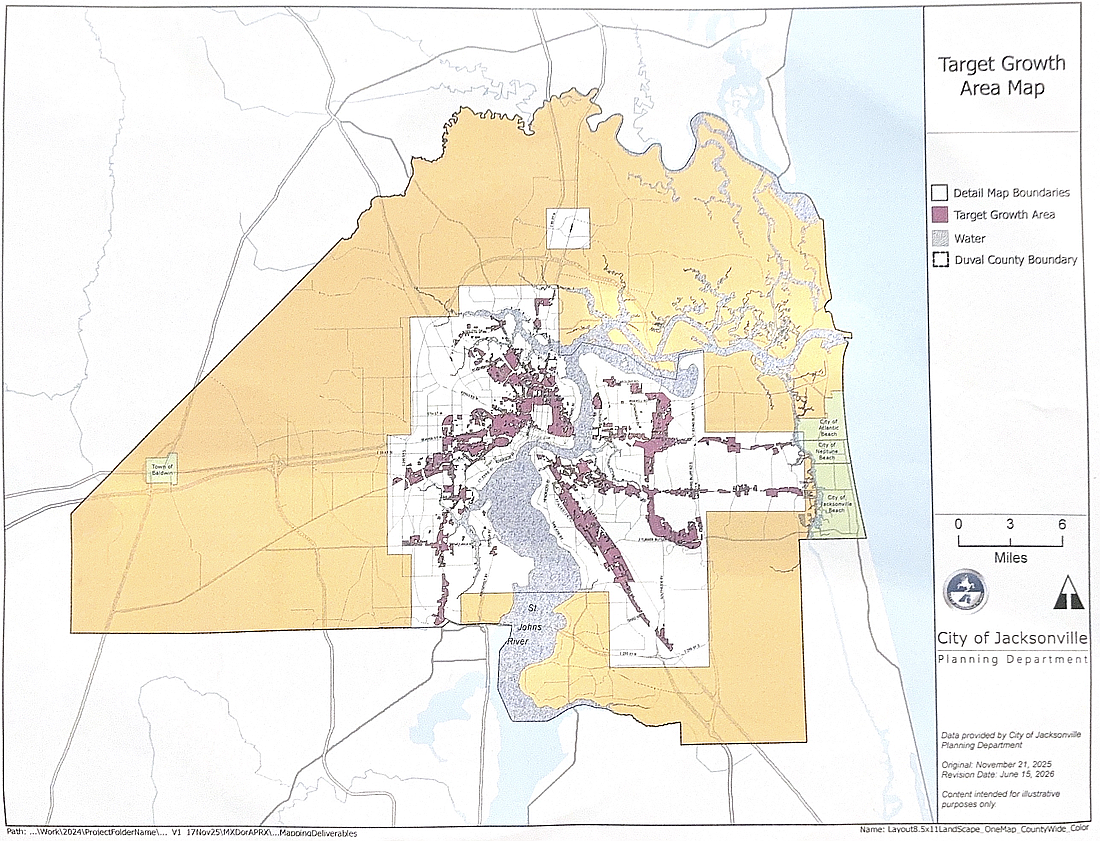 A map connected to Jacksonville City Council Ordinance 2026-0311 shows "target growth areas" in purple. Jacksonville City Council voted 16-0 on June 23 to approve the ordinance, which would alter the city’s land development regulations by creating nonfinancial incentives for developers to build in those areas.