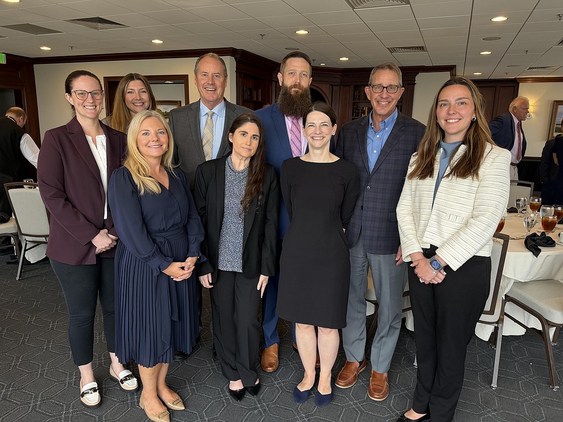 The Jacksonville Bankruptcy Bar Association installed officers and board members for 2026-27. Front row, from left, Secretary Katheryn Hancock with Thames Markey; board member Angela Scott with the Office of the Chapter 13 Trustee; and Chairwoman Angela Grewal with Adams & Reese. Back row, from left, Treasurer Samantha  Kelley with Bruner Wright; Vice President Carli Frederick with Smith Hulsey & Busey; board member Douglas Neway, the Chapter 13 Trustee; President William McDaniel with Lansing Roy; board member Allan Wulbern with Smith Hulsey & Busey; and Mary Offutt, law clerk to Chief Judge Jacob Brown. Not shown are board members Eugene H. Johnson Jr. with the Johnson Law Firm; Jerrett McConnell with the McConnell Law Group; and J. Ellsworth Summers Jr. with Burr & Forman.