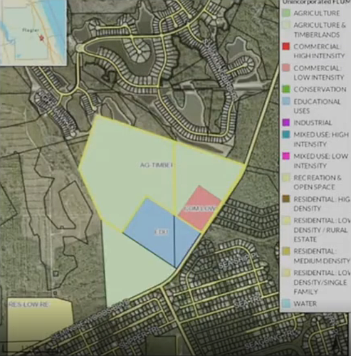 A Flagler County future land use map shows the 119-acre Seminole Woods Boulevard property proposed for a mixed-use development. Screenshot