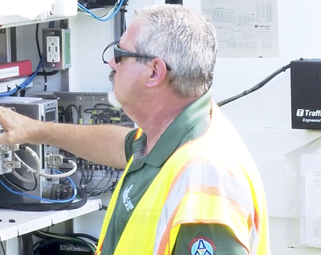 Stephen Smagacz, Supervisor of Streetlights and Signalization for Sarasota County, checks on the proper operation of streetlights along 17th Street.