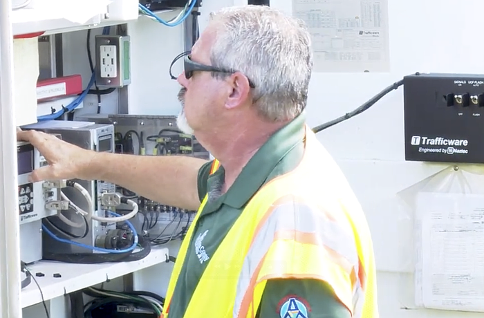 Stephen Smagacz, Supervisor of Streetlights and Signalization for Sarasota County, checks on the proper operation of streetlights along 17th Street.