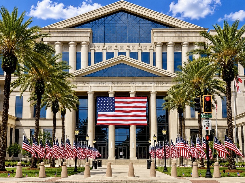 The entrance to the Duval County Courthouse at 501 W. Adams St. Downtown is decorated for America’s 250th anniversary 
July 4.