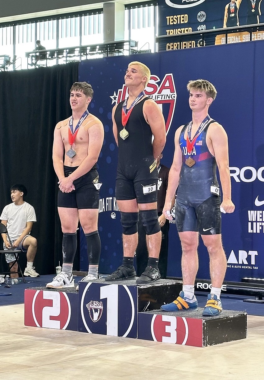 Flagler Palm Coast's Jackson Fedun stands atop the podium at the USA Weightlifting National Championships in Colorado Springs. Courtesy photo