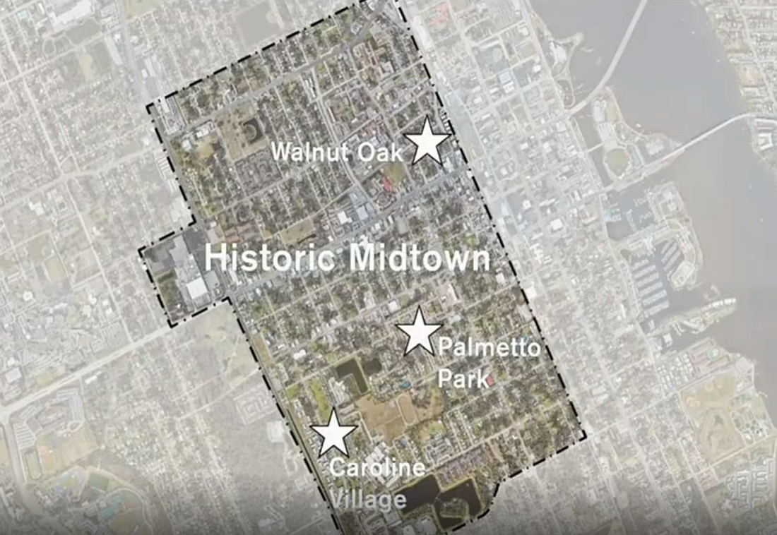 A map presented to the Daytona Beach City Commission outlines the Housing Daytona Beach redevelopment vision for Historic Midtown, highlighting the Walnut Oak, Palmetto Park and Caroline Village public housing communities targeted for future mixed-income redevelopment.