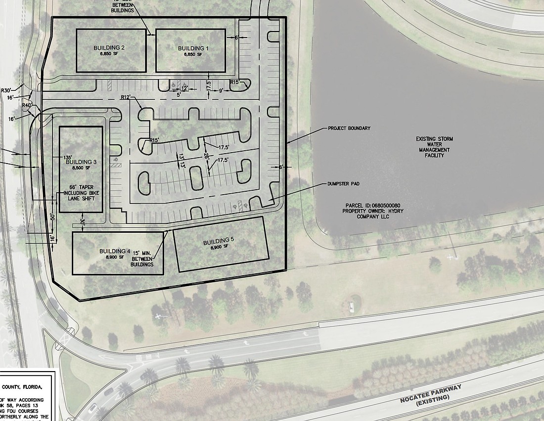 An office condominium project in Nocatee is planned to include two 8,900-square-foot buildings, two 6,850-square-foot buildings and one 8,500-square-foot building, according to site plans. The project is located at 51 Crosswater Parkway off Nocatee Parkway.