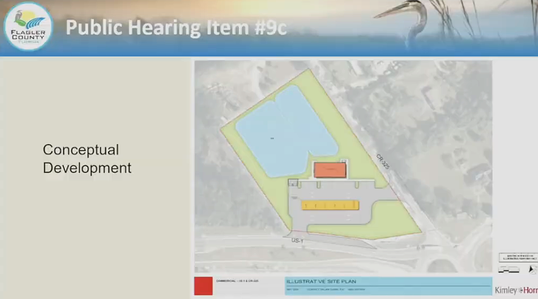 A conceptual site plan presented to the Flagler County Commission shows the proposed redevelopment of the former White Eagle Bar property into a convenience store and gas station at the intersection of U.S. 1 and County Road 325. Screenshot from Flagler County meeting video.