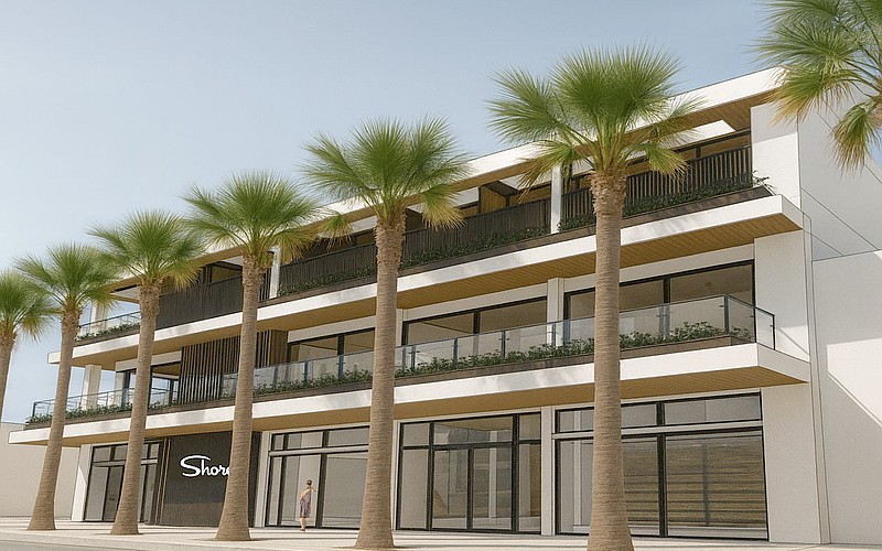 A rendering of the planned Shore restaurant, boutique, cafe and residential space as viewed from Boulevard of the Presidents on St. Armands Circle.