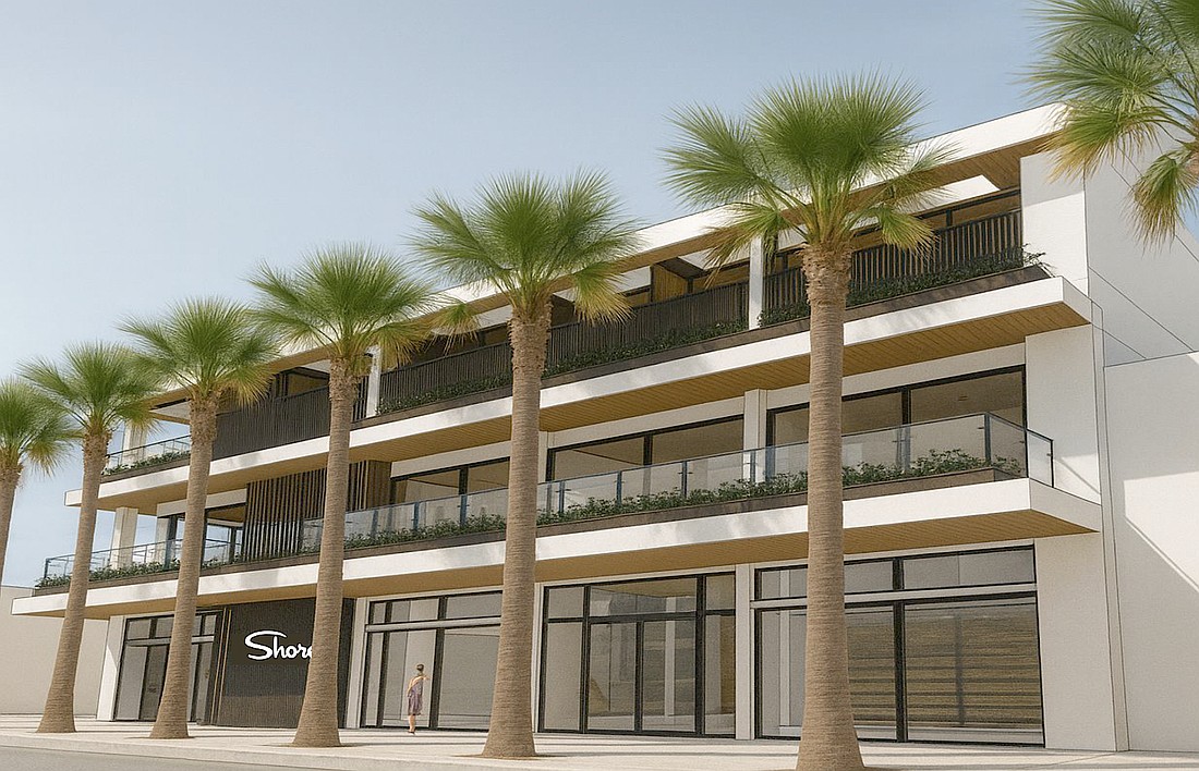 A rendering of the planned Shore restaurant, boutique, cafe and residential space as viewed from Boulevard of the Presidents on St. Armands Circle.