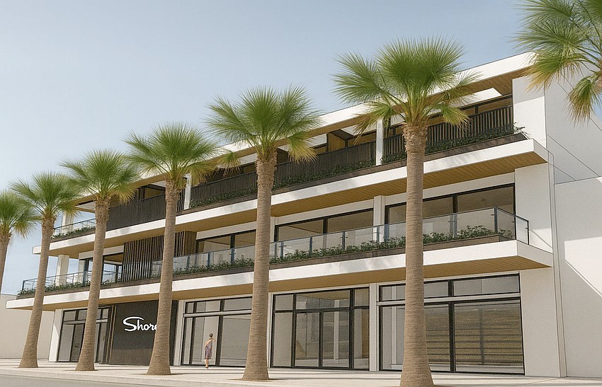 A rendering of the planned Shore restaurant, boutique, cafe and residential space as viewed from Boulevard of the Presidents on St. Armands Circle. A rendering of the planned Shore restaurant, boutique, cafe and residential space as viewed from Boulevard of the Presidents on St. Armands Circle.