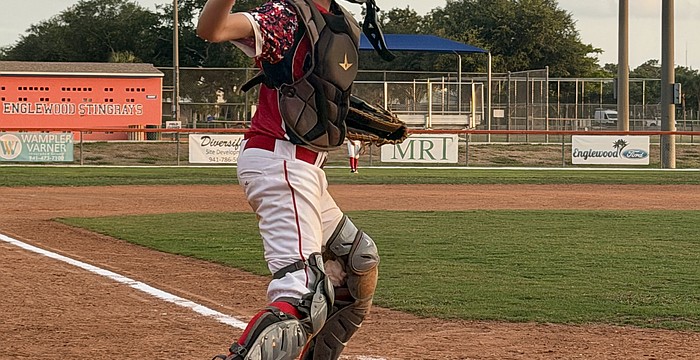 Henry D'Hondt, catcher for the Sarasota Little League 12U American All-Stars, gets out of his stance for a throw. He was one of several players impacted by the October 2025 report of over $200,000 lost from the league's treasury.