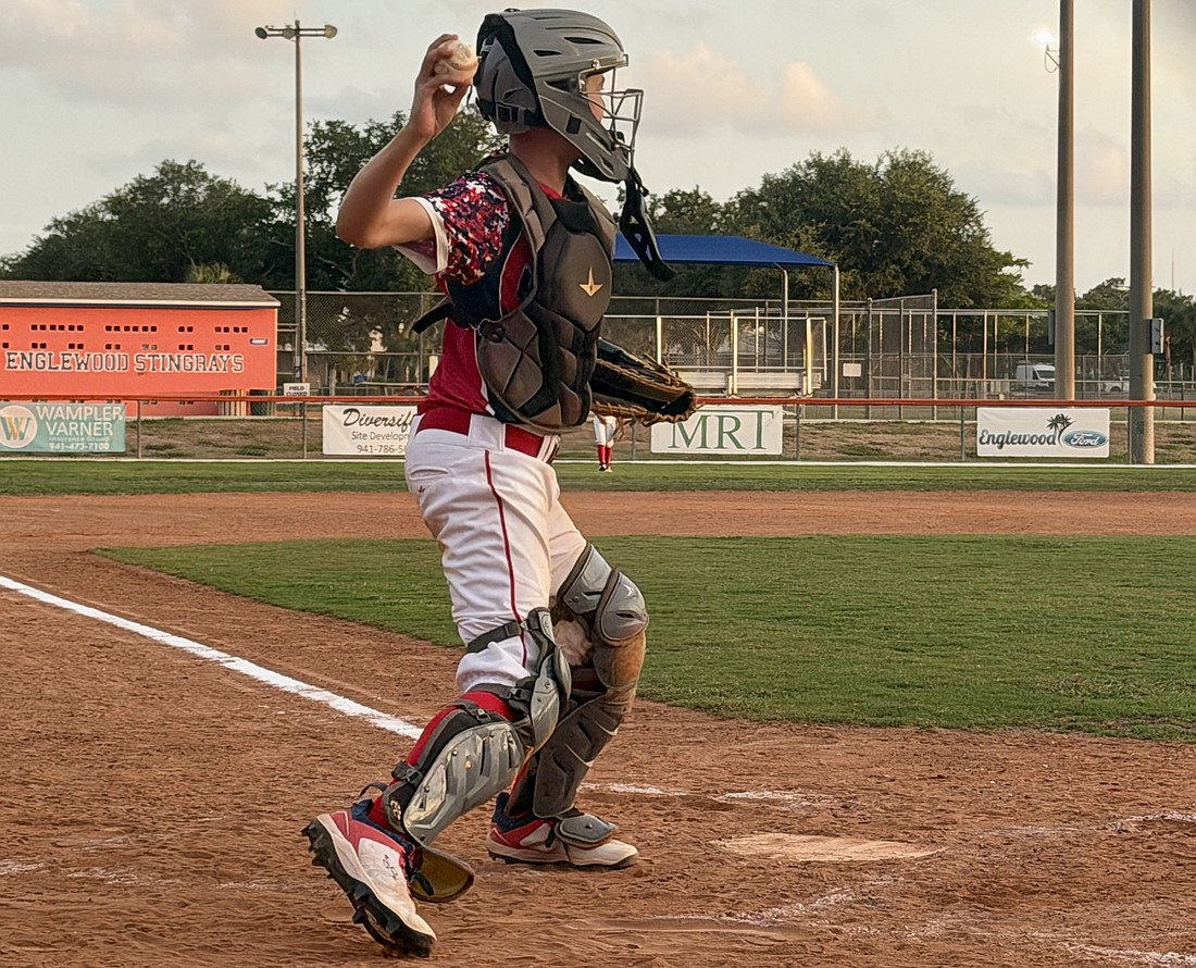 Henry D'Hondt, catcher for the Sarasota Little League 12U American All-Stars, gets out of his stance for a throw. He was one of several players impacted by the October 2025 report of over $200,000 lost from the league's treasury.